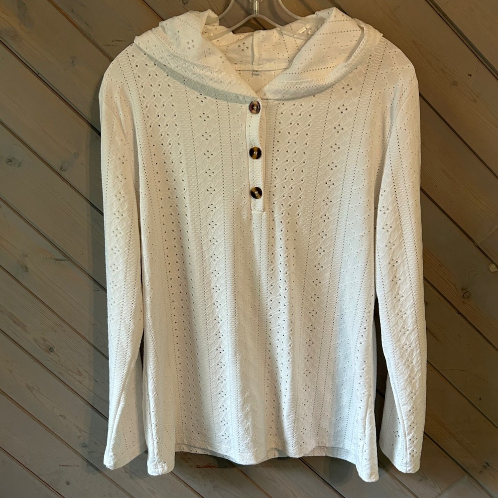 White Eyelet Knit Henley Hoodie Long Sleeve Pointelle Top Large
